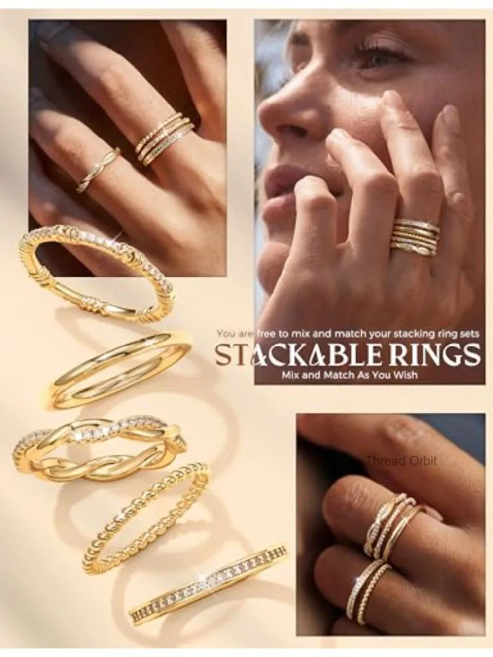 5-Piece Stackable Gold Plated Ring Set - Non Tarnish, Dainty Thin Bands